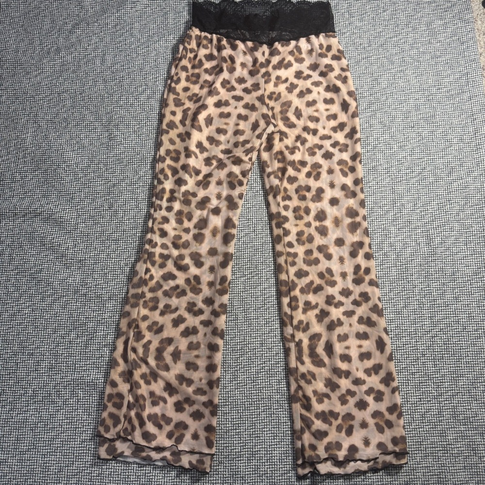 SHEIN Womens Leopard Print Sheer Mesh Flare Pants Black Lace Waist Size Large